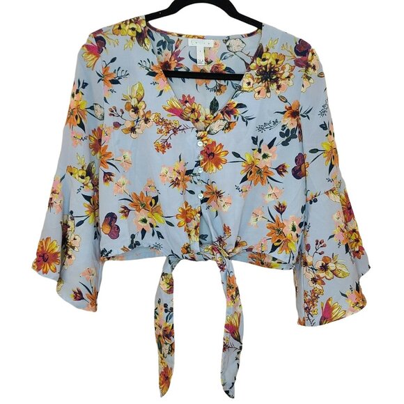 Leith Tops - Leith Womens Shirt Top Small Blue Colorful Floral Crop Knot Front Cottagecore